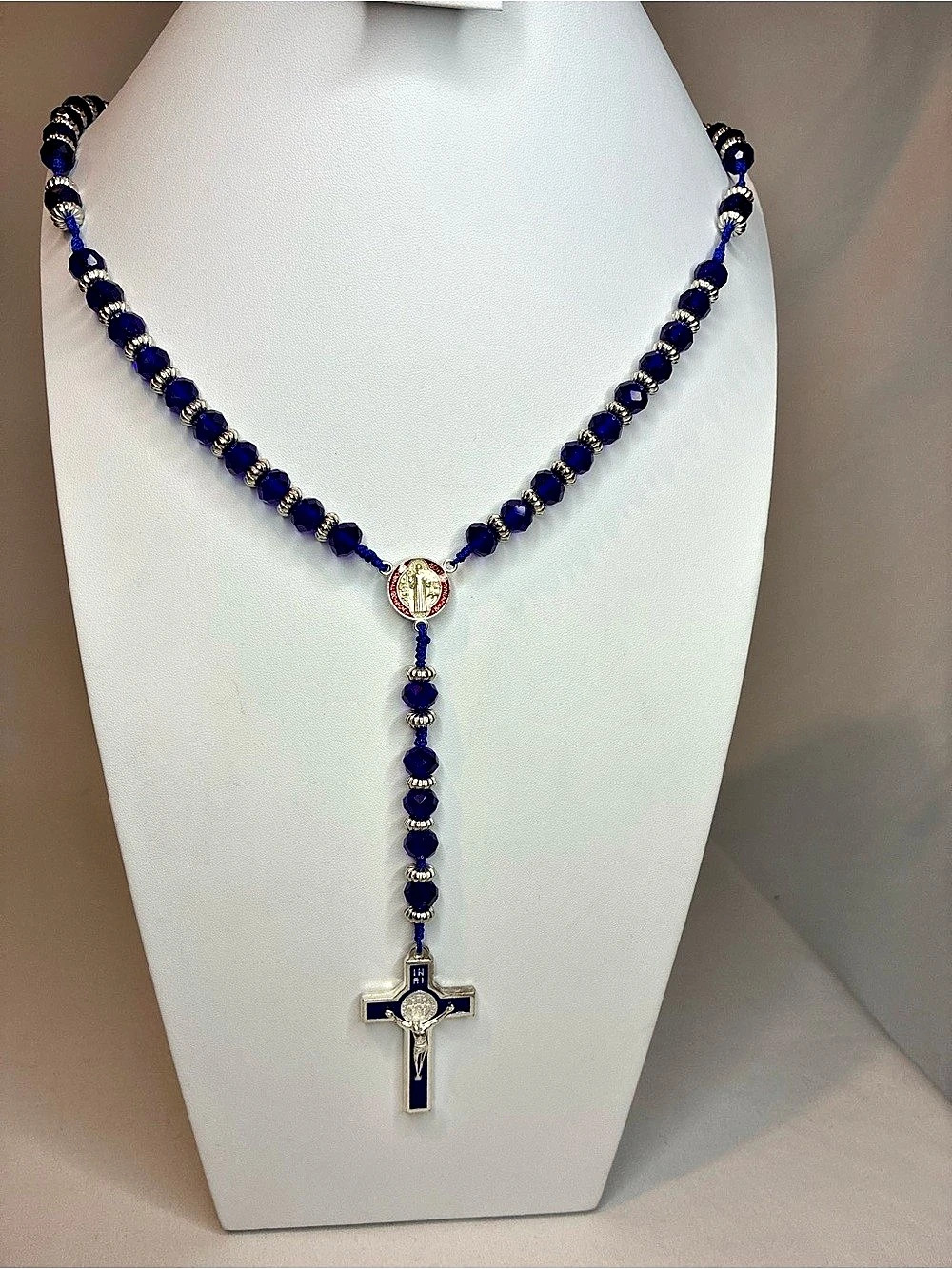Blue Beaded Rosary Cross Necklace